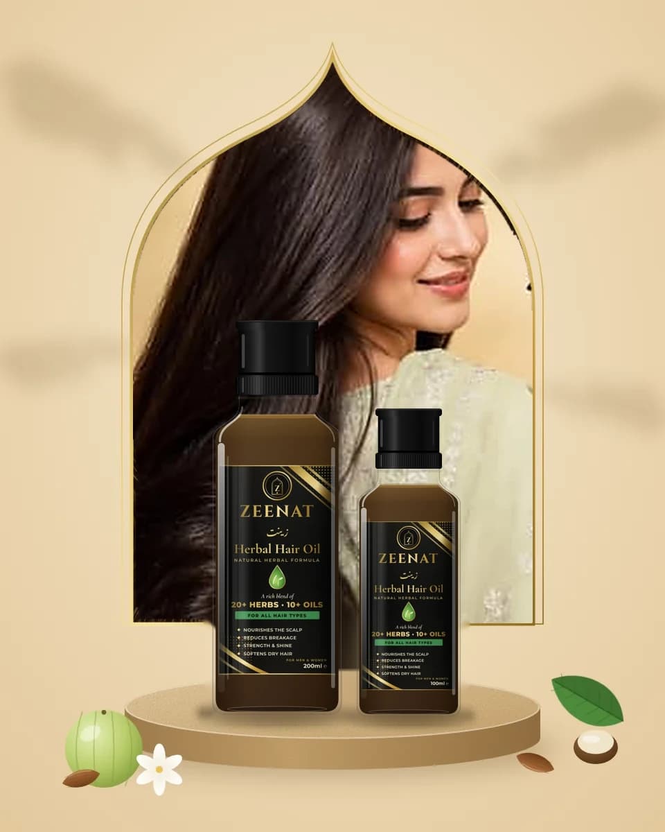 Zeenat Herbal Hair Oil bottles in front of an arch showing a woman with long, shining hair